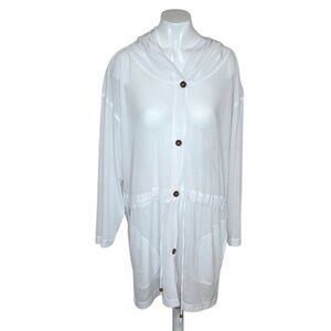 Pacific Beach Sheer Button Front Hooded Bikini Cover Up Dress, Tie Waist, M